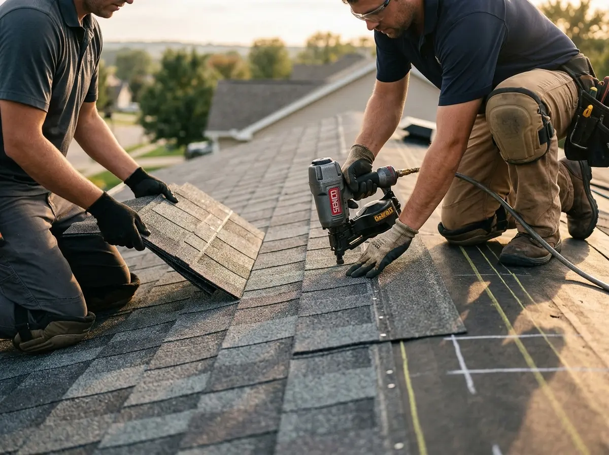 Professional roofer working on a residential roof in New Ulm